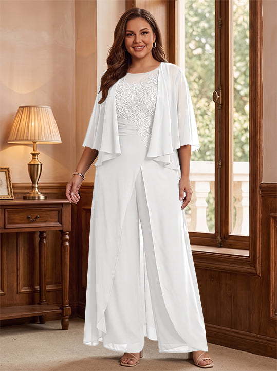 Combinaison mère de la mariée taille plus ligne A col rond, veste, fente latérale, appliques, longueur sol