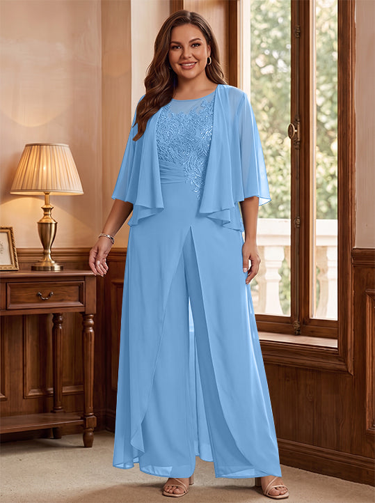 Combinaison mère de la mariée taille plus ligne A col rond, veste, fente latérale, appliques, longueur sol