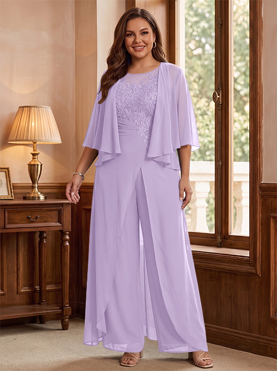 Combinaison mère de la mariée taille plus ligne A col rond, veste, fente latérale, appliques, longueur sol