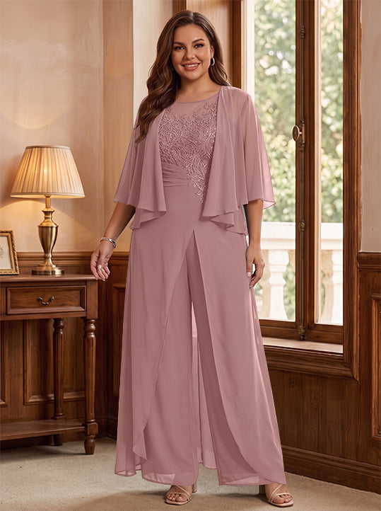 Combinaison mère de la mariée taille plus ligne A col rond, veste, fente latérale, appliques, longueur sol