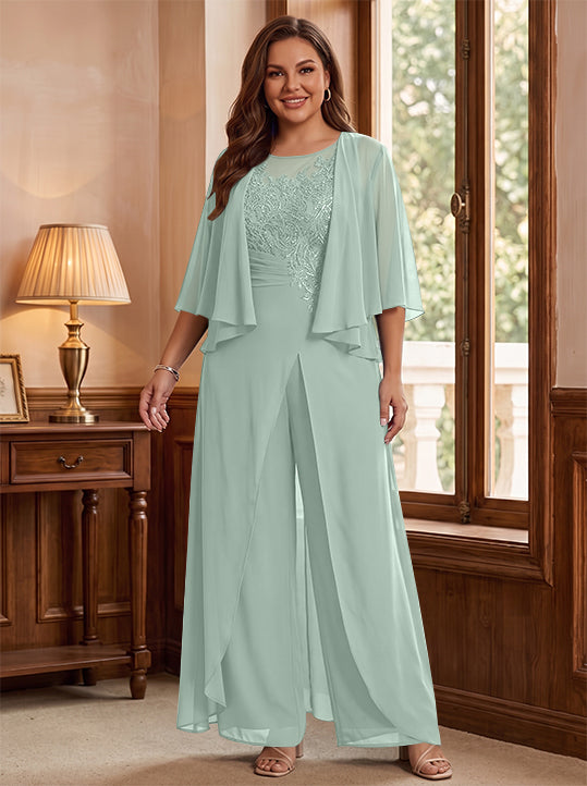 Combinaison mère de la mariée taille plus ligne A col rond, veste, fente latérale, appliques, longueur sol