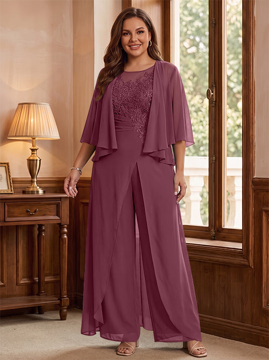 Combinaison mère de la mariée taille plus ligne A col rond, veste, fente latérale, appliques, longueur sol