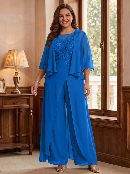 Combinaison mère de la mariée taille plus ligne A col rond, veste, fente latérale, appliques, longueur sol