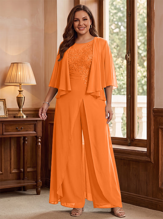 Combinaison mère de la mariée taille plus ligne A col rond, veste, fente latérale, appliques, longueur sol