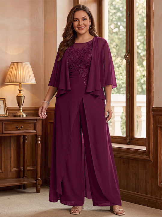 Combinaison mère de la mariée taille plus ligne A col rond, veste, fente latérale, appliques, longueur sol