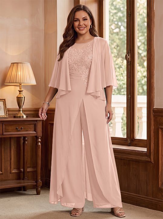 Combinaison mère de la mariée taille plus ligne A col rond, veste, fente latérale, appliques, longueur sol