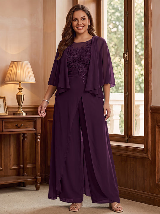 Combinaison mère de la mariée taille plus ligne A col rond, veste, fente latérale, appliques, longueur sol