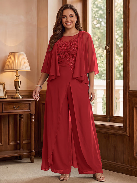 Combinaison mère de la mariée taille plus ligne A col rond, veste, fente latérale, appliques, longueur sol