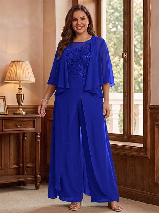 Combinaison mère de la mariée taille plus ligne A col rond, veste, fente latérale, appliques, longueur sol