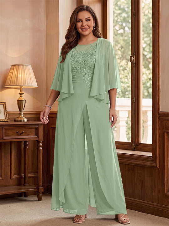 Combinaison mère de la mariée taille plus ligne A col rond, veste, fente latérale, appliques, longueur sol