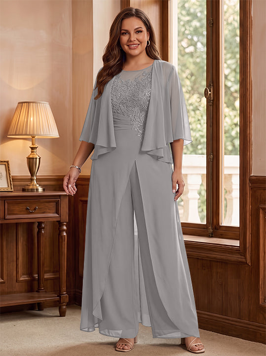 Combinaison mère de la mariée taille plus ligne A col rond, veste, fente latérale, appliques, longueur sol