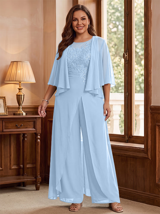 Combinaison mère de la mariée taille plus ligne A col rond, veste, fente latérale, appliques, longueur sol