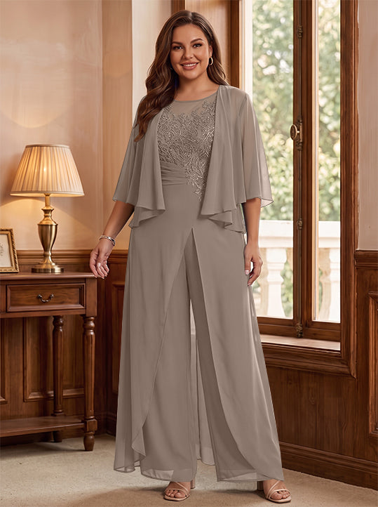 Combinaison mère de la mariée taille plus ligne A col rond, veste, fente latérale, appliques, longueur sol