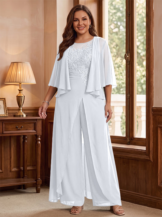 Combinaison mère de la mariée taille plus ligne A col rond, veste, fente latérale, appliques, longueur sol