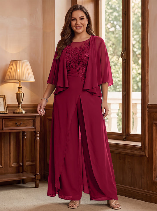 Combinaison mère de la mariée taille plus ligne A col rond, veste, fente latérale, appliques, longueur sol
