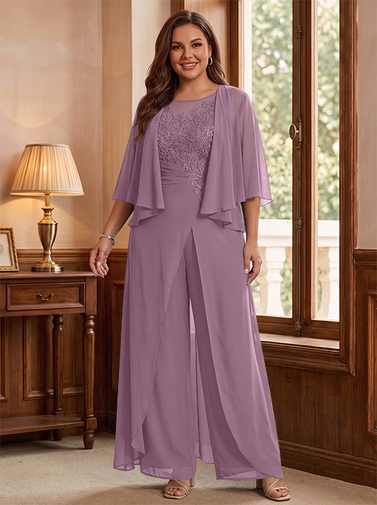 Combinaison mère de la mariée taille plus ligne A col rond, veste, fente latérale, appliques, longueur sol