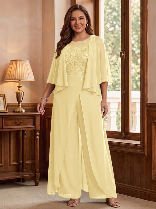 Combinaison mère de la mariée taille plus ligne A col rond, veste, fente latérale, appliques, longueur sol
