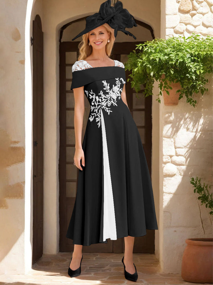 Robe de Mère de La Mariée Ligne A/Princesse, Satin Élastique, Col Carré, Manches Courtes, Volants et Appliqués