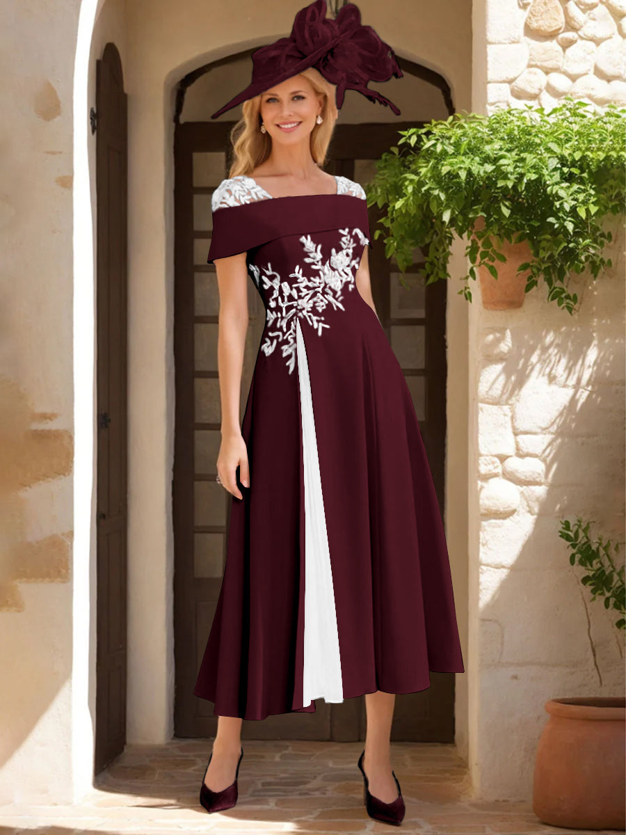 Robe de Mère de La Mariée Ligne A/Princesse, Satin Élastique, Col Carré, Manches Courtes, Volants et Appliqués
