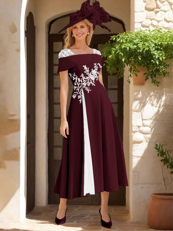 Robe de Mère de La Mariée Ligne A/Princesse, Satin Élastique, Col Carré, Manches Courtes, Volants et Appliqués