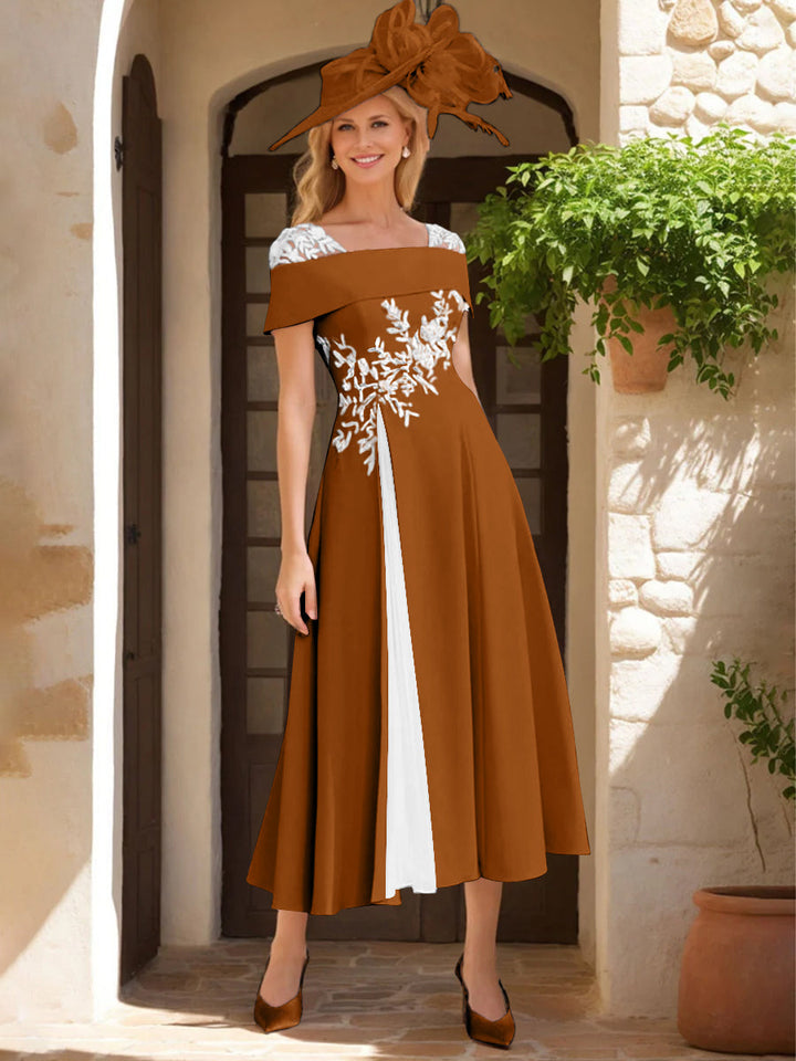 Robe de Mère de La Mariée Ligne A/Princesse, Satin Élastique, Col Carré, Manches Courtes, Volants et Appliqués