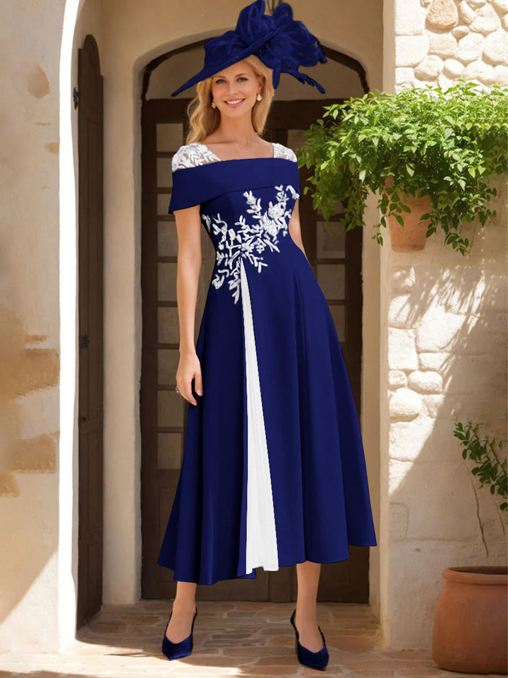 Robe de Mère de La Mariée Ligne A/Princesse, Satin Élastique, Col Carré, Manches Courtes, Volants et Appliqués