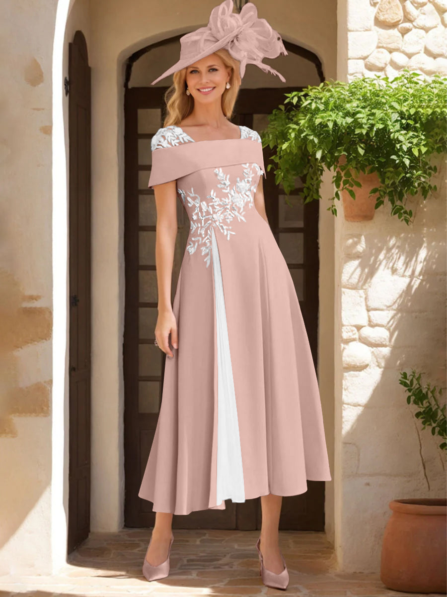 Robe de Mère de La Mariée Ligne A/Princesse, Satin Élastique, Col Carré, Manches Courtes, Volants et Appliqués