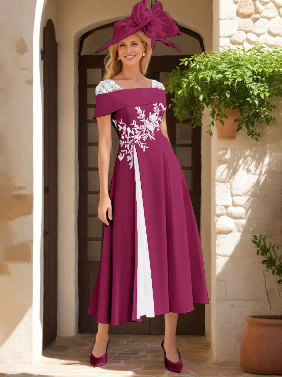 Robe de Mère de La Mariée Ligne A/Princesse, Satin Élastique, Col Carré, Manches Courtes, Volants et Appliqués