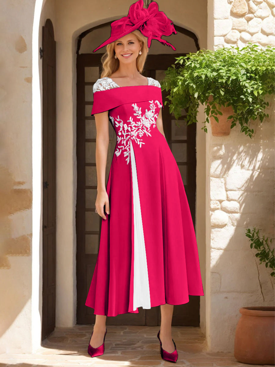 Robe de Mère de La Mariée Ligne A/Princesse, Satin Élastique, Col Carré, Manches Courtes, Volants et Appliqués