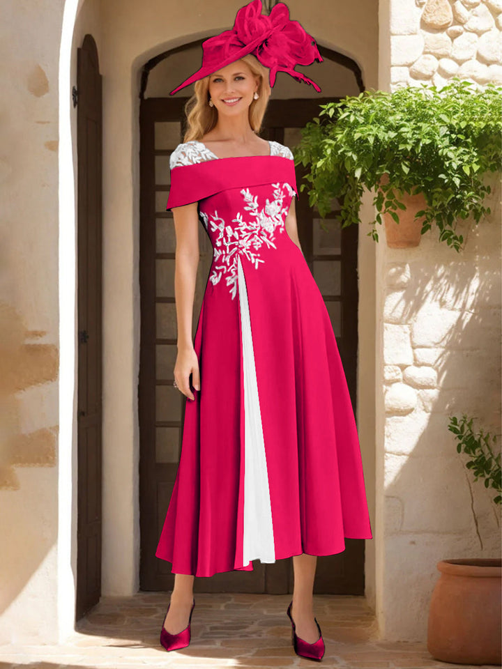 Robe de Mère de La Mariée Ligne A/Princesse, Satin Élastique, Col Carré, Manches Courtes, Volants et Appliqués