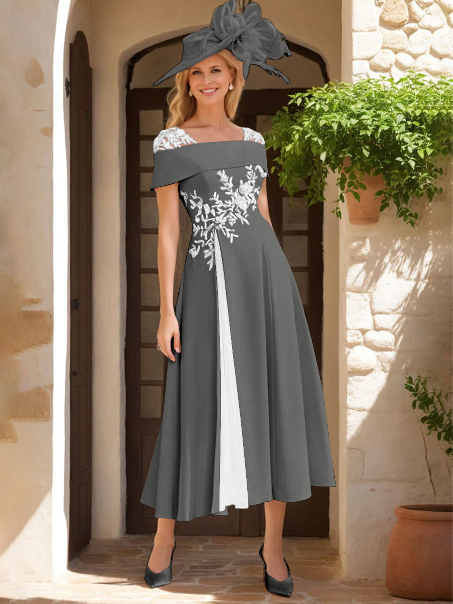 Robe de Mère de La Mariée Ligne A/Princesse, Satin Élastique, Col Carré, Manches Courtes, Volants et Appliqués