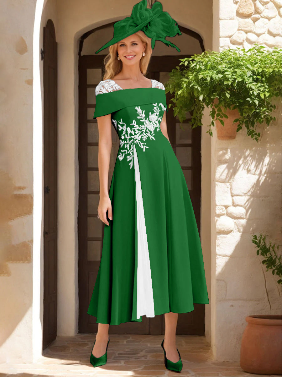 Robe de Mère de La Mariée Ligne A/Princesse, Satin Élastique, Col Carré, Manches Courtes, Volants et Appliqués