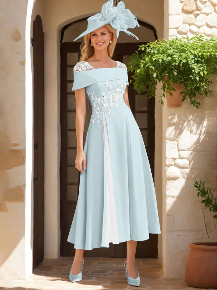 Robe de Mère de La Mariée Ligne A/Princesse, Satin Élastique, Col Carré, Manches Courtes, Volants et Appliqués