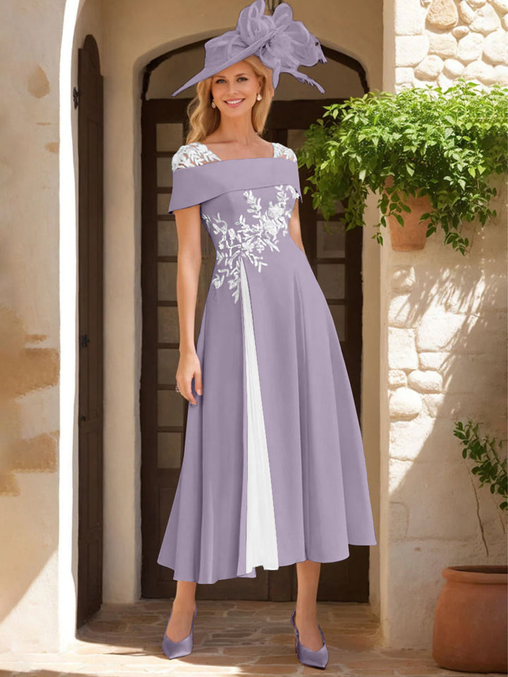 Robe de Mère de La Mariée Ligne A/Princesse, Satin Élastique, Col Carré, Manches Courtes, Volants et Appliqués