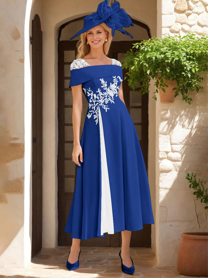 Robe de Mère de La Mariée Ligne A/Princesse, Satin Élastique, Col Carré, Manches Courtes, Volants et Appliqués