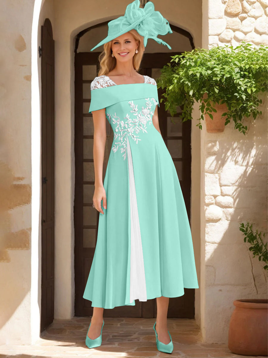 Robe de Mère de La Mariée Ligne A/Princesse, Satin Élastique, Col Carré, Manches Courtes, Volants et Appliqués
