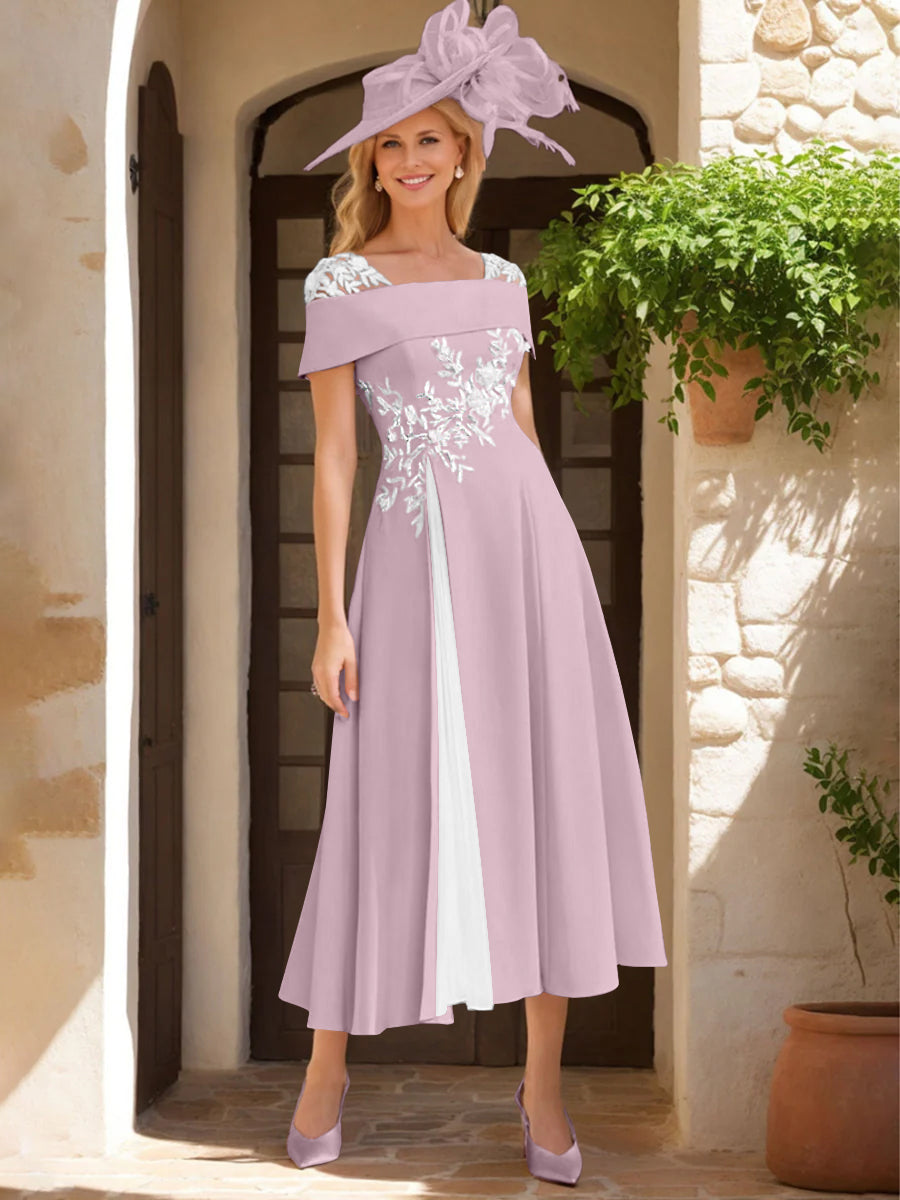Robe de Mère de La Mariée Ligne A/Princesse, Satin Élastique, Col Carré, Manches Courtes, Volants et Appliqués