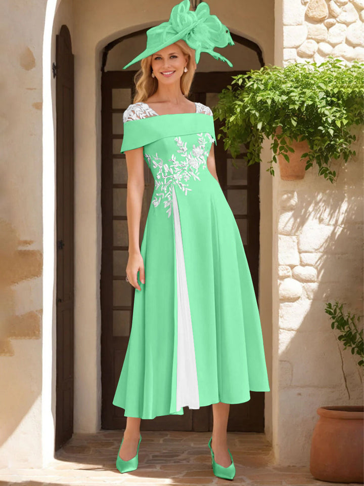 Robe de Mère de La Mariée Ligne A/Princesse, Satin Élastique, Col Carré, Manches Courtes, Volants et Appliqués