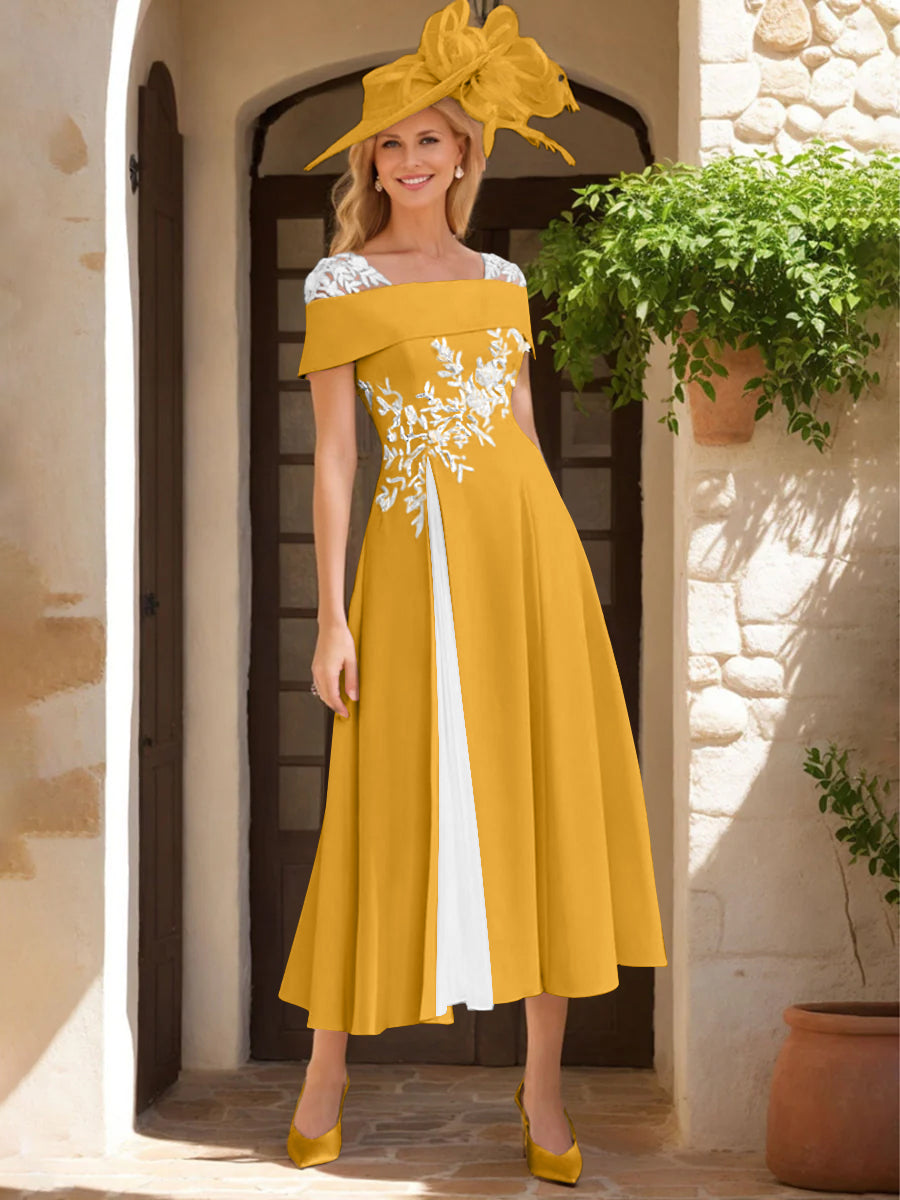 Robe de Mère de La Mariée Ligne A/Princesse, Satin Élastique, Col Carré, Manches Courtes, Volants et Appliqués