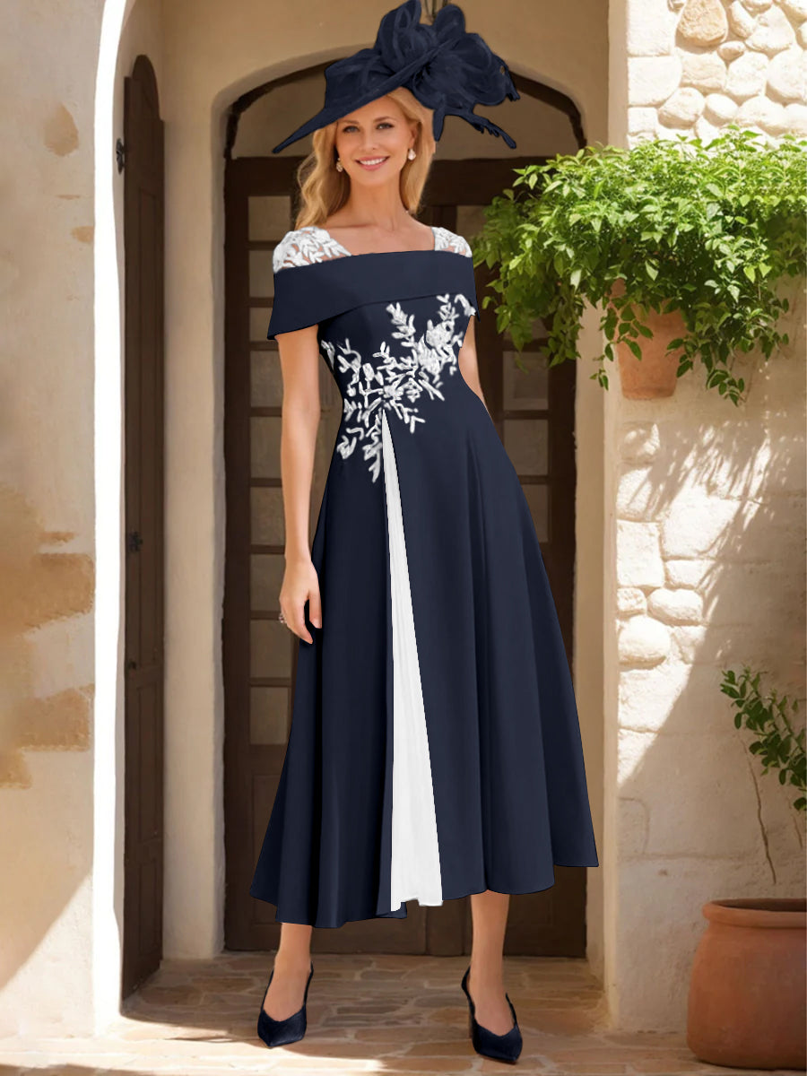 Robe de Mère de La Mariée Ligne A/Princesse, Satin Élastique, Col Carré, Manches Courtes, Volants et Appliqués