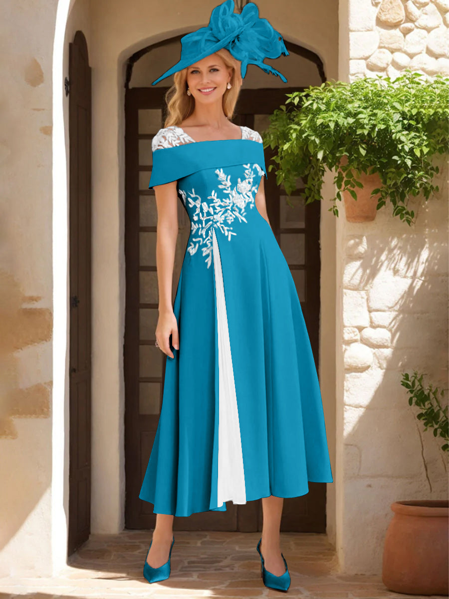 Robe de Mère de La Mariée Ligne A/Princesse, Satin Élastique, Col Carré, Manches Courtes, Volants et Appliqués