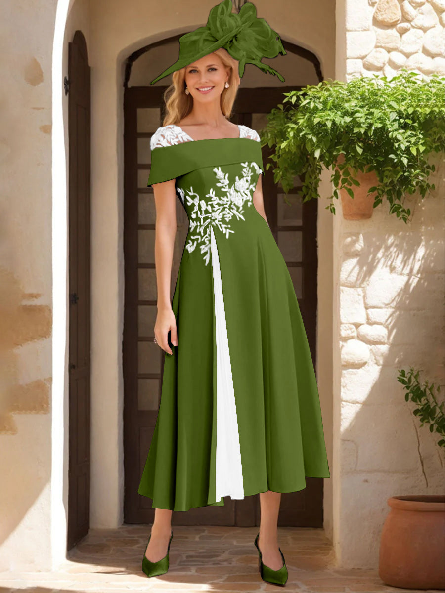 Robe de Mère de La Mariée Ligne A/Princesse, Satin Élastique, Col Carré, Manches Courtes, Volants et Appliqués