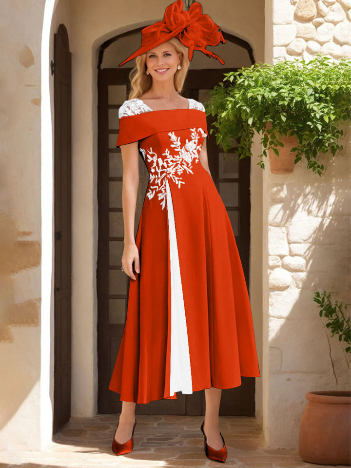 Robe de Mère de La Mariée Ligne A/Princesse, Satin Élastique, Col Carré, Manches Courtes, Volants et Appliqués