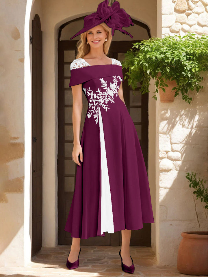 Robe de Mère de La Mariée Ligne A/Princesse, Satin Élastique, Col Carré, Manches Courtes, Volants et Appliqués