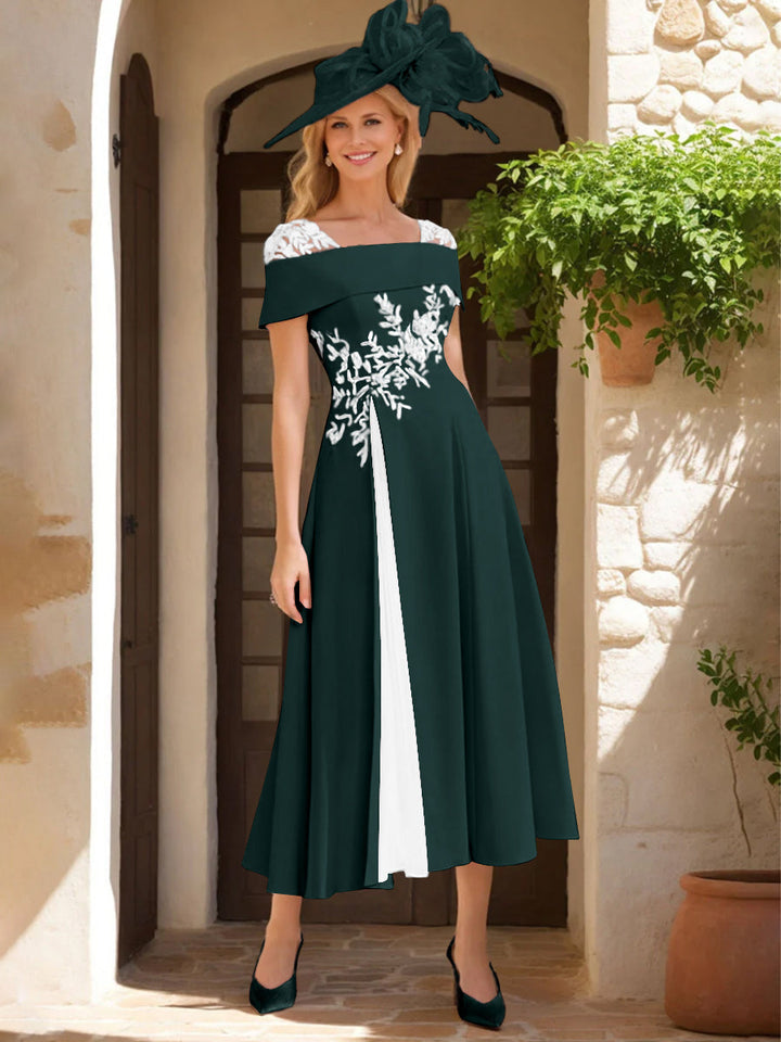 Robe de Mère de La Mariée Ligne A/Princesse, Satin Élastique, Col Carré, Manches Courtes, Volants et Appliqués