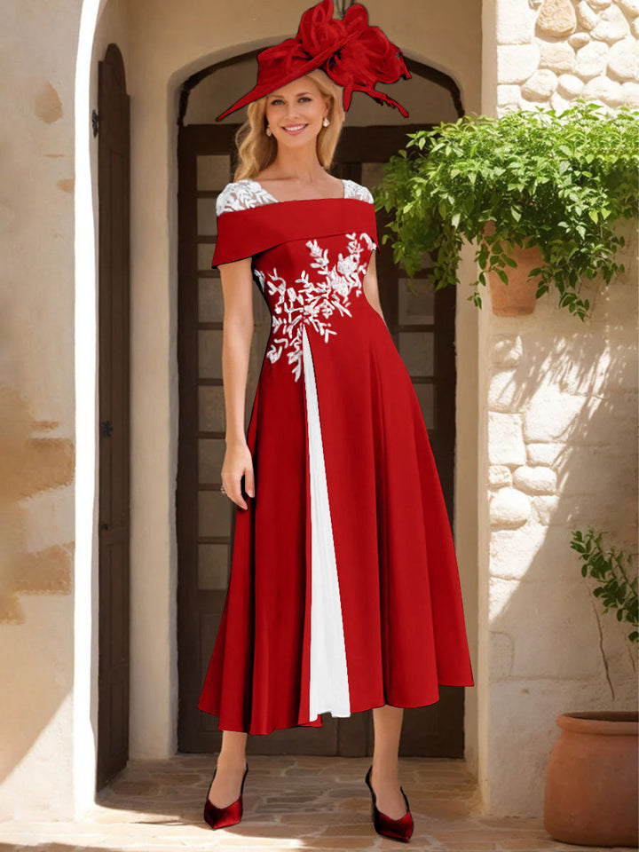 Robe de Mère de La Mariée Ligne A/Princesse, Satin Élastique, Col Carré, Manches Courtes, Volants et Appliqués