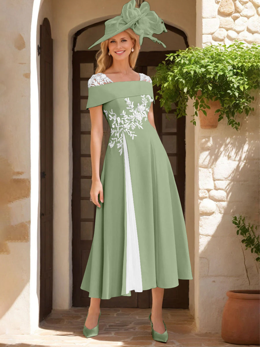 Robe de Mère de La Mariée Ligne A/Princesse, Satin Élastique, Col Carré, Manches Courtes, Volants et Appliqués