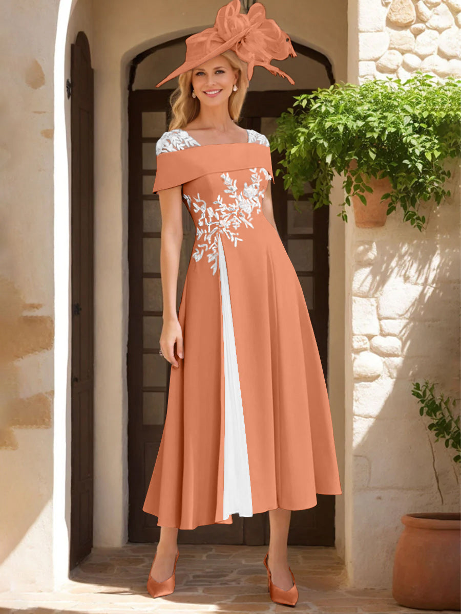Robe de Mère de La Mariée Ligne A/Princesse, Satin Élastique, Col Carré, Manches Courtes, Volants et Appliqués