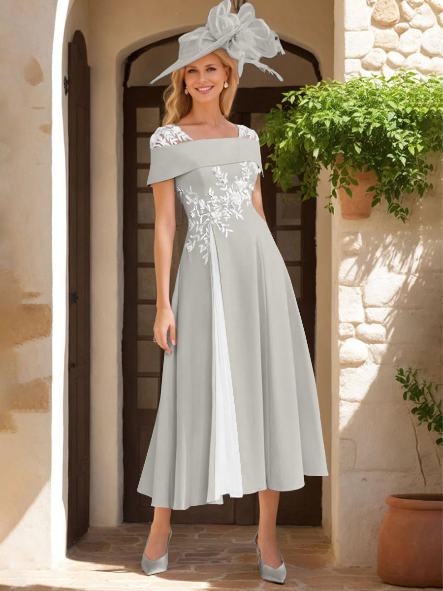 Robe de Mère de La Mariée Ligne A/Princesse, Satin Élastique, Col Carré, Manches Courtes, Volants et Appliqués