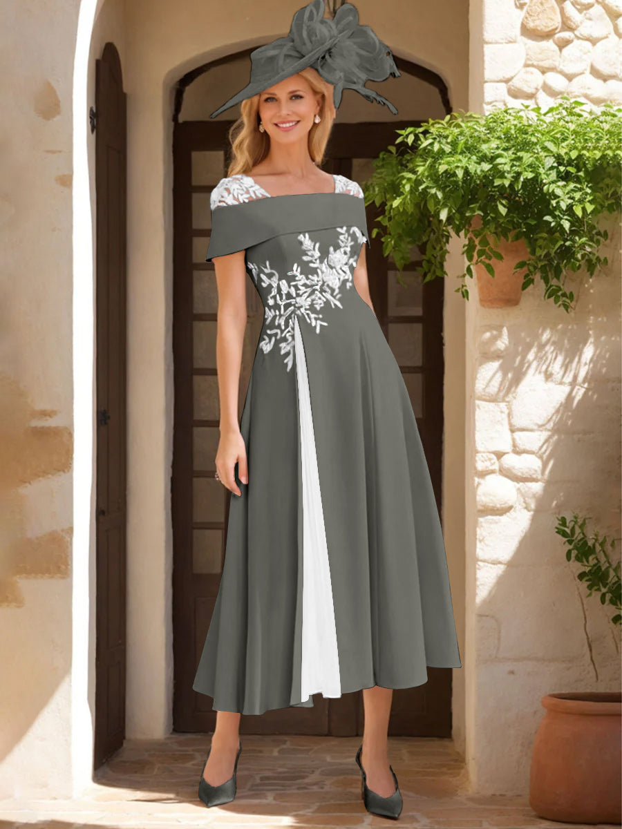 Robe de Mère de La Mariée Ligne A/Princesse, Satin Élastique, Col Carré, Manches Courtes, Volants et Appliqués